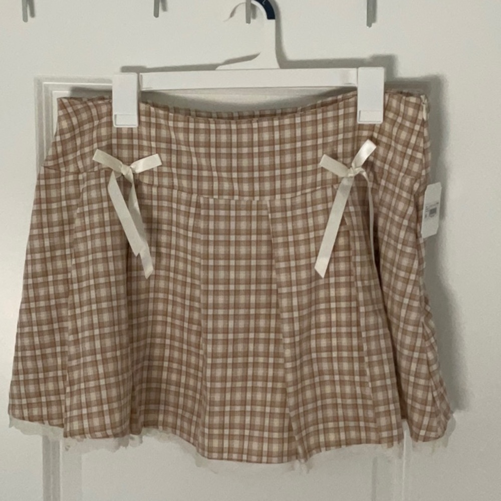 Altar'd State Beige Plaid Skater Skirt with Bow Accents